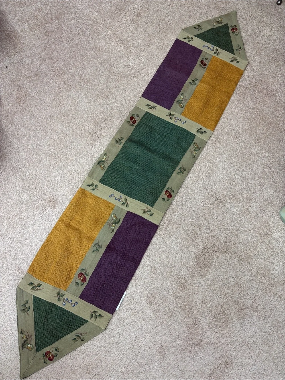 Pier 1 Import Y2K VTG Macintosh Patchwork Burlap Table Runner 14x72 Fall Autumn